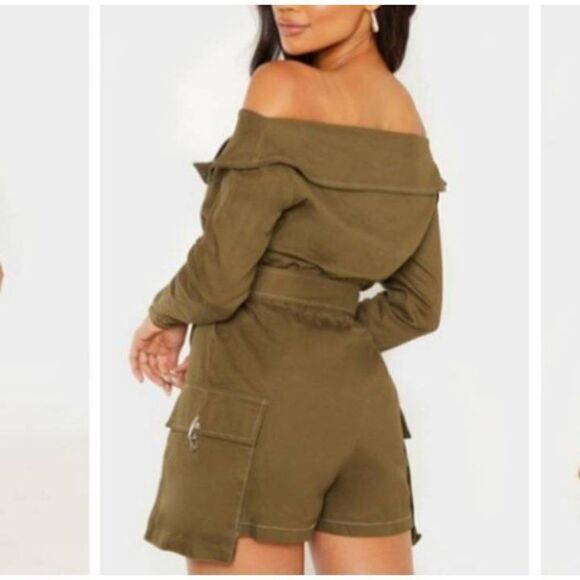 PRETTYLITTLETHING KHAKI/ARMY GREEN UTILITY TIE WAIST BARDOT ROMPER SZ.4 NWT. - Picture 3 of 11